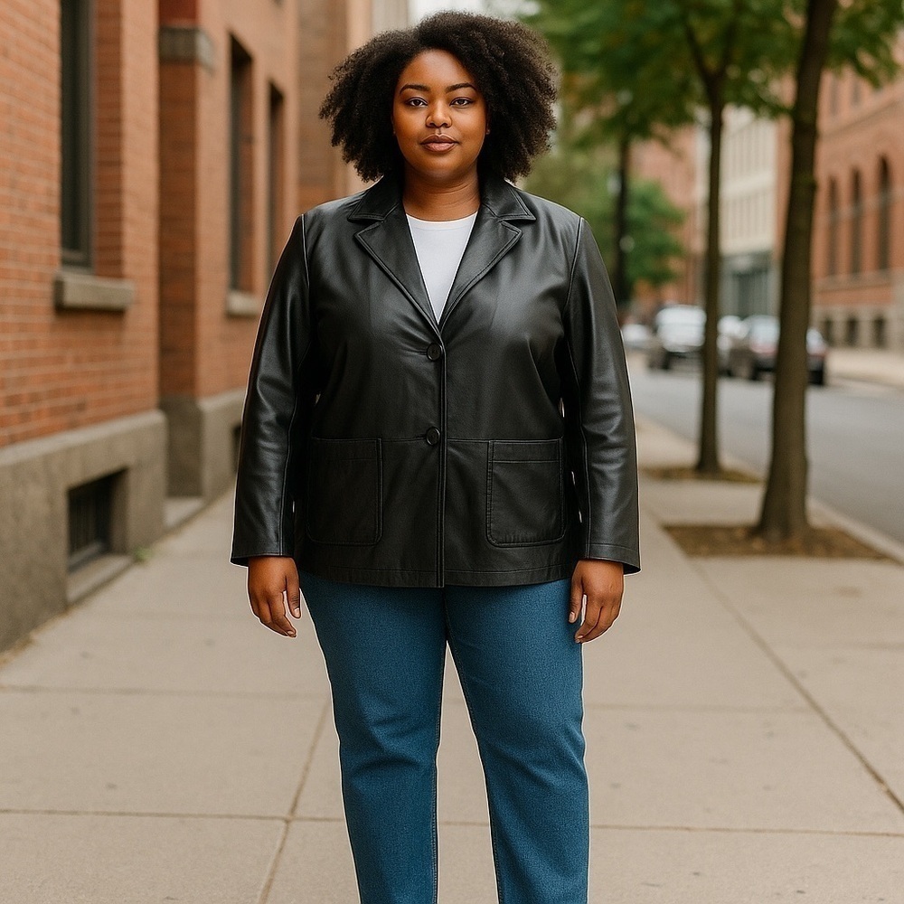 VINTAGE MADISON & MAX BLACK LEATHER 90S 2 BUTTON BLAZER JACKET